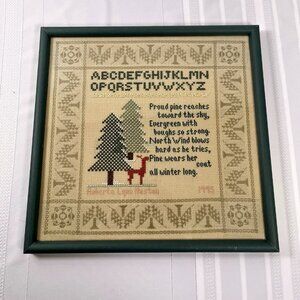 VTG 90s Cross Stitch Sampler Deer Pine Tree Framed Woodland Forest Green Nursery